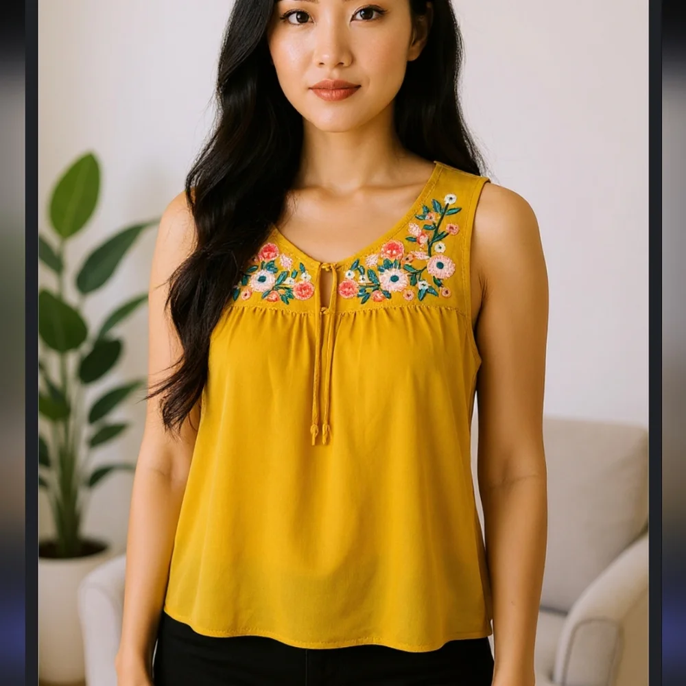 J Crew Mustard Yellow Embroidered Floral Blouse